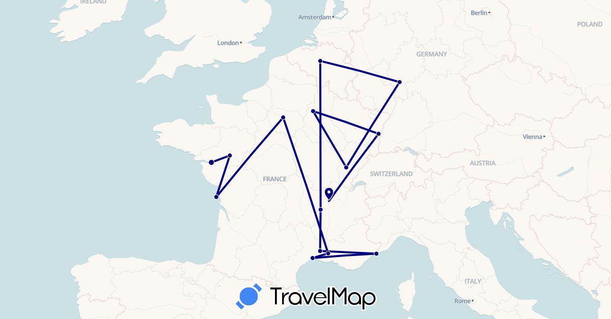 TravelMap itinerary: driving in Belgium, Germany, France, Monaco (Europe)